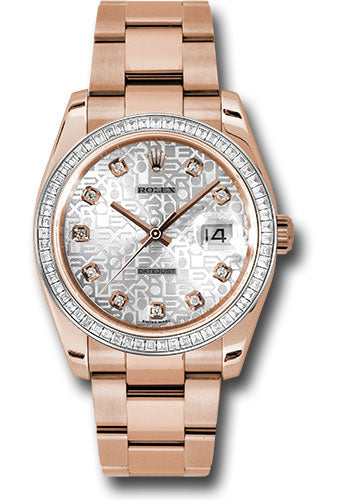 Rolex 18k rose gold Datejust model # 116825, 36mm, with silver anniversary diamond dial and princess diamond bezel