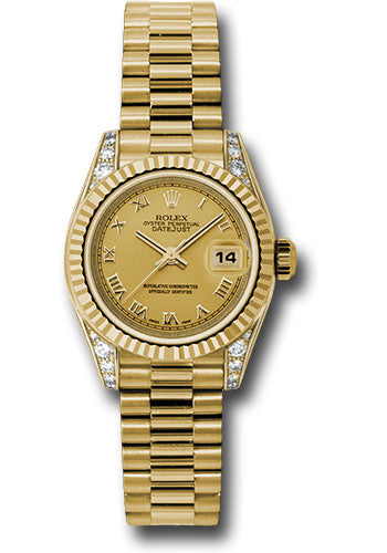 Rolex 18k yellow gold ladies presidential, champagne roman dial, & fluted bezel model #179238 chrp