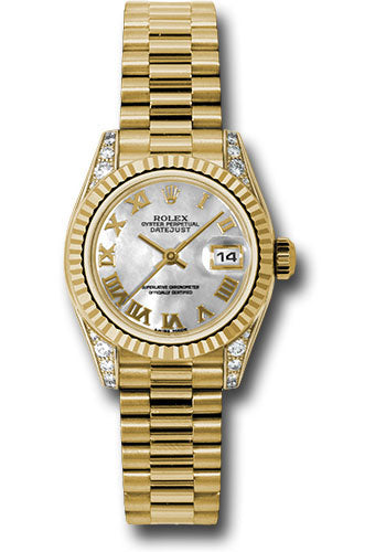 Rolex 18k yellow gold ladies president, mother of pearl roman dial, fluted bezel, model # 179238 mrp