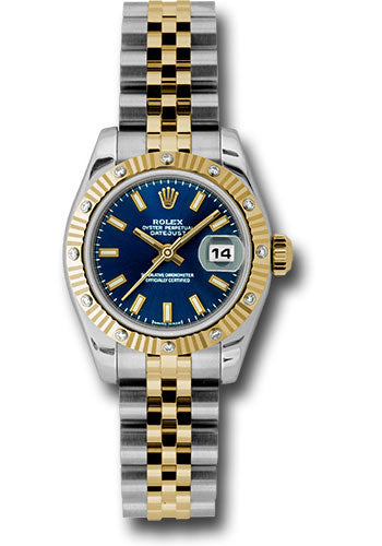 Rolex steel and gold datejust 26mm, blue stick dial, fluted diamond bezel, jubilee bracelet, model # 179313 bsj