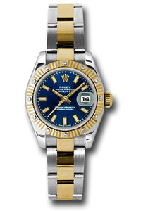 Rolex steel and gold datejust 26mm, blue stick dial, fluted diamond bezel, oyster bracelet model 179313 bso