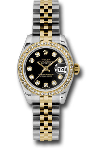Rolex steel and gold datejust, black diamond dial, diamond bezel, model # 179383 bkdj