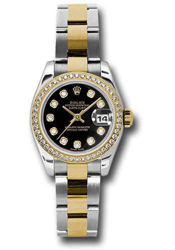 Rolex steel and gold datejust, black diamond dial, diamond bezel, oyster bracelet model # 179383 bkdo